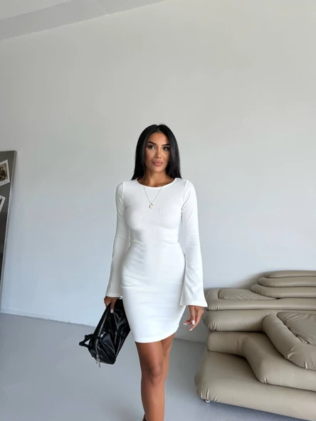 Prenses kol esnek kumaş elbise beyaz f2334 - Resim 4