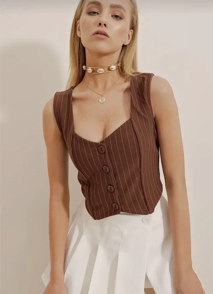 Çizgili krep düğmeli yelek kahve s3395 - Resim 4