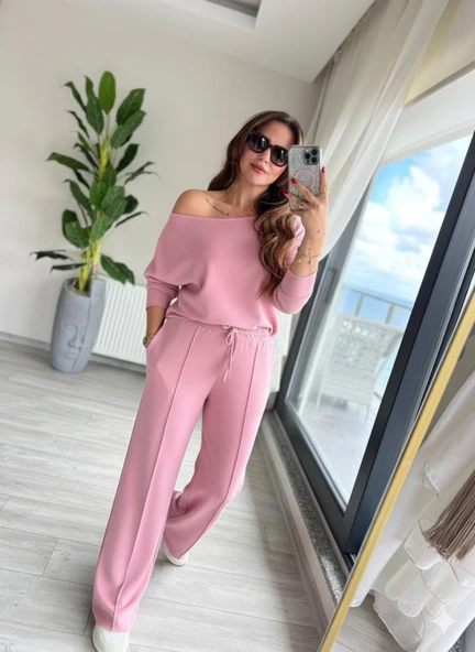 Kadın Uzun Kollu Tek Omuzdan Açık Dalgıç Bluz Ve Pantolon Ikili Takım ürün görseli 1