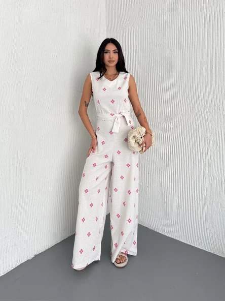 Sırt dekolteli keten beyaz tulum S1036 - Resim 7