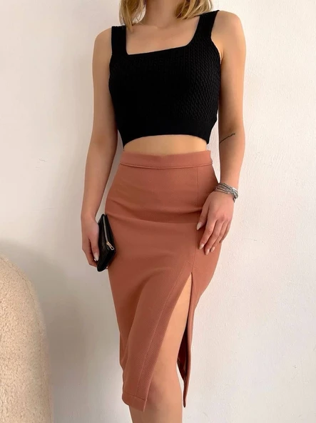 Uzun midi boy yırtmaçlı etek somon s24907 - Resim 3