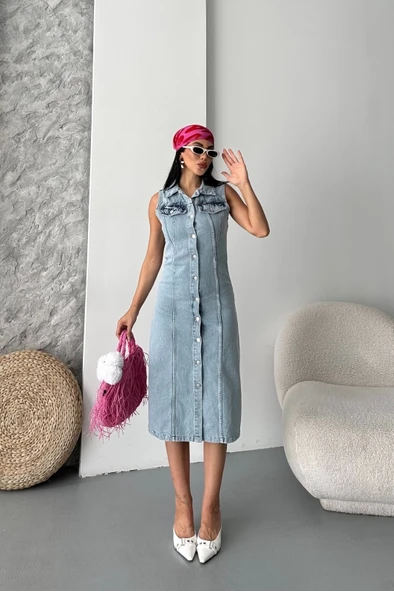 Sıfır kol kar yıkama tunik ceket mavi d2520 - Resim 4