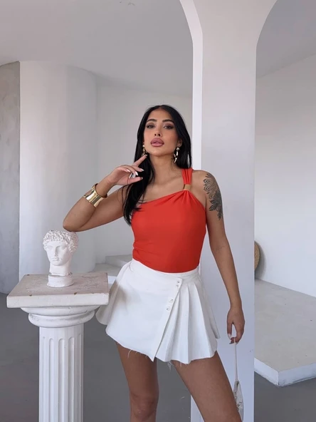 Tek omuzlu Otoman kumaş gold metal detaylı bluz s2311 - Resim 4