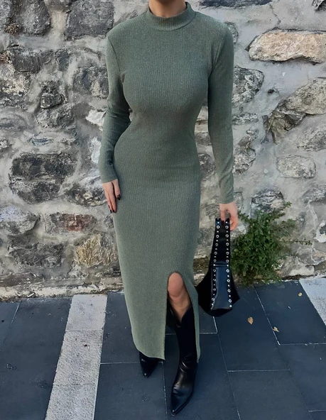 Yırtmaçlı kalın bürümcük uzun elbise Yeşil - Resim 5