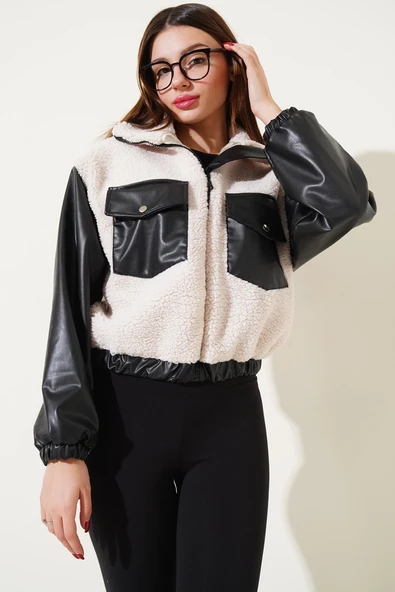 Deri garnili cepli peluş mont siyah t1253 ürün görseli 1