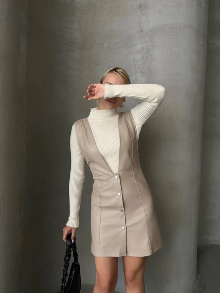 Deri jile elbise bej w24796 - Resim 3