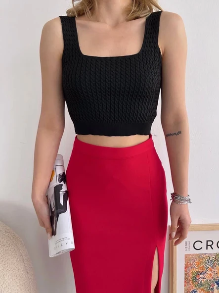 Yırtmaçlı esnek kumaş midi boy etek koyu kırmızı - Resim 3