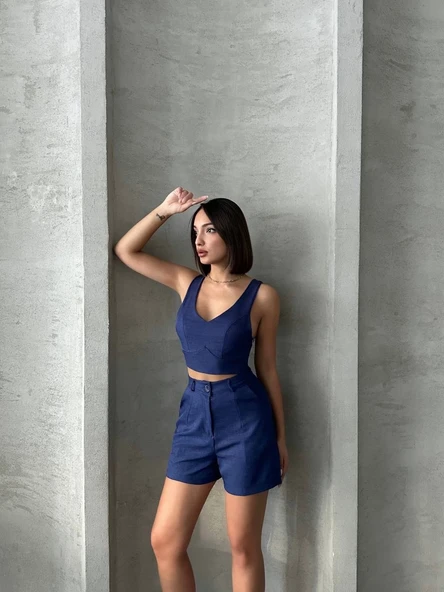 Şortlu keten takım s255014 - Resim 3