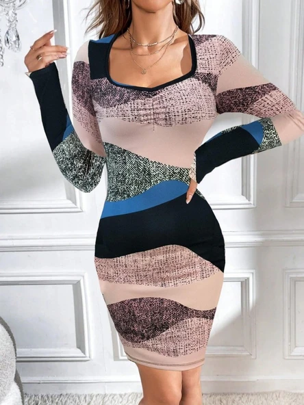 Kadın Uzun Kollu Göğüs Dekolte Detay Dalgıç Mini Elbise ürün görseli 1