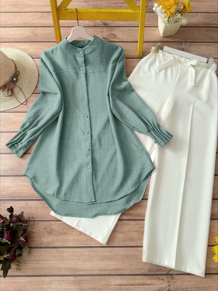 Kol Manşeti Drapeli Oval Kesim Gömlek    -Mint ürün görseli 1