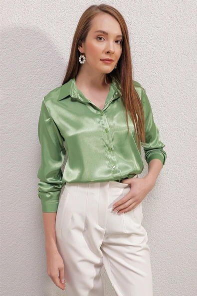 3964 Hafif Dökümlü Saten Gömlek - Y.Yeşil - Resim 2
