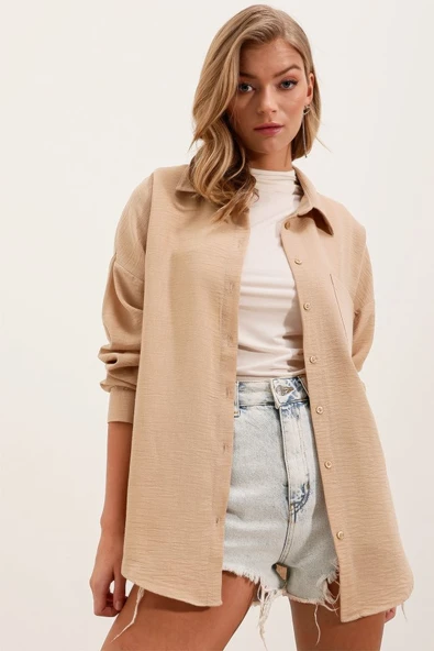 20153 Tek Cepli Oversize Keten Gömlek - A.Bej ürün görseli 1