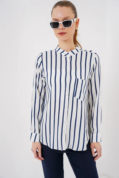 Uzun Kollu Çizgili Gömlek 20283 - B.Lacivert - Resim 4