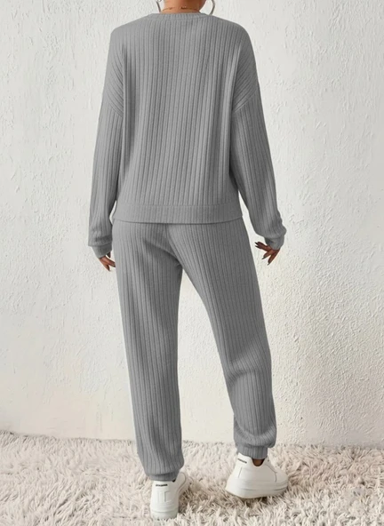 Kadın Uzun Kollu V Yakalı Kaşkorse Bluz Ve Pantolon Ikili Takım - Resim 3