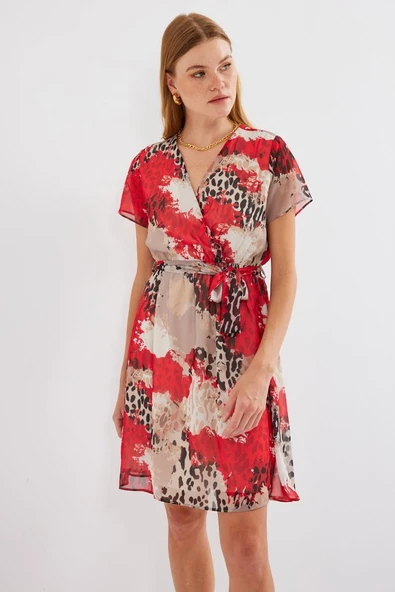 2502 Kısa Kol Desenli Şifon Elbise - Kırmızı - Resim 4