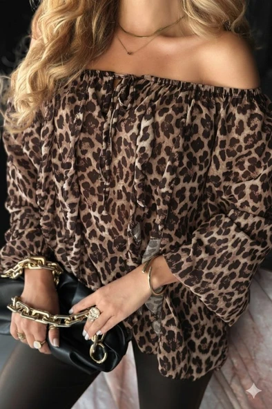 Kadın Madonna Yaka Bağcıklı Leopar Desen Detaylı şifon Bluz - Resim 2