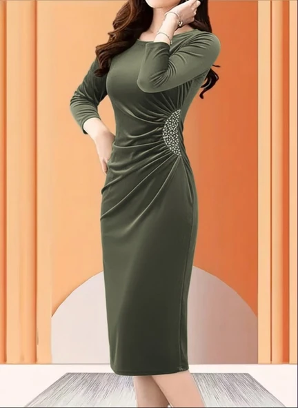 Kadın Uzun Kollu Bot Yaka Yanı Taş Detaylı Midi Kadife Elbise ürün görseli 1