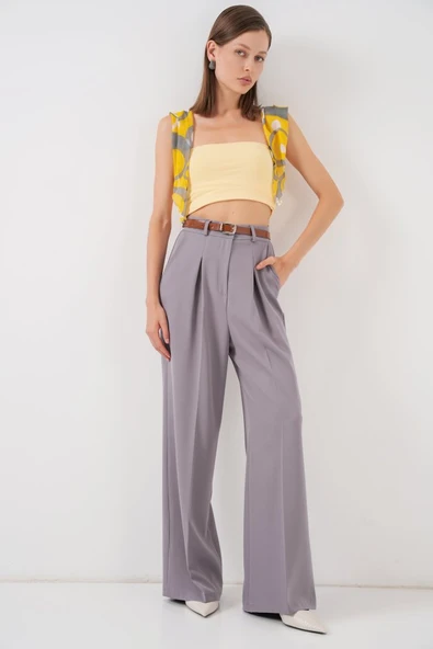 Yüksek Bel Palazzo Pantolon 30051 - Gri - Resim 3