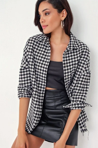 Ekose Desen Oversize Oduncu Gömlek 3854 - Siyah - Beyaz - Resim 3