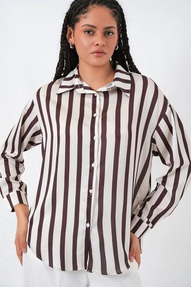 3964 Hafif Dökümlü Saten Gömlek - M. Kahverengi ürün görseli 1