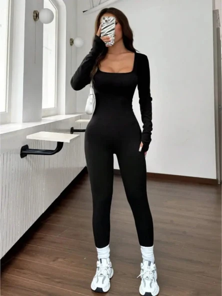 Kadın Uzun Kollu Kare Yakalı Fermuarlı Parmaktan Geçmeli Dalgıç Tulum - Resim 4