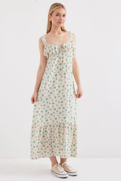 2237 Desenli Askılı Viskon Elbise - Çağla - Resim 3