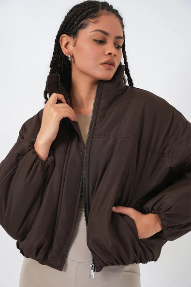 Oversize Bomber Şişme Mont 5124 - Kahverengi - Resim 4