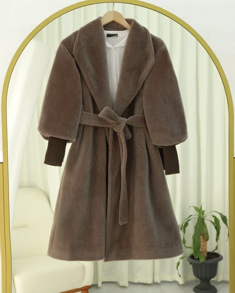 Kolu Ribanalı Şal Yaka Astarlı Kaşe Kaban     -Toprak ürün görseli 1