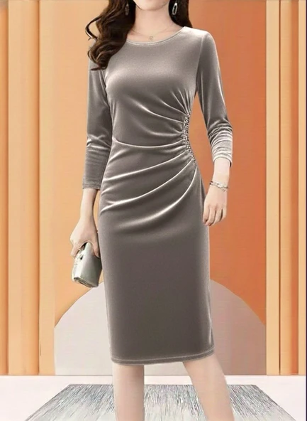 Kadın Uzun Kollu Bot Yaka Yanı Taş Detaylı Midi Kadife Elbise - Resim 2