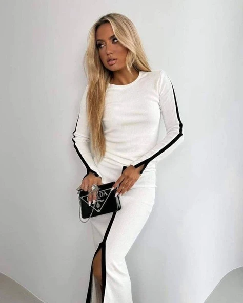 Kadın Uzun Kollu Bisiklet Yaka Kaşkorse Bluz Ve Yırtmaçlı Etek Ikili Takım - Resim 2