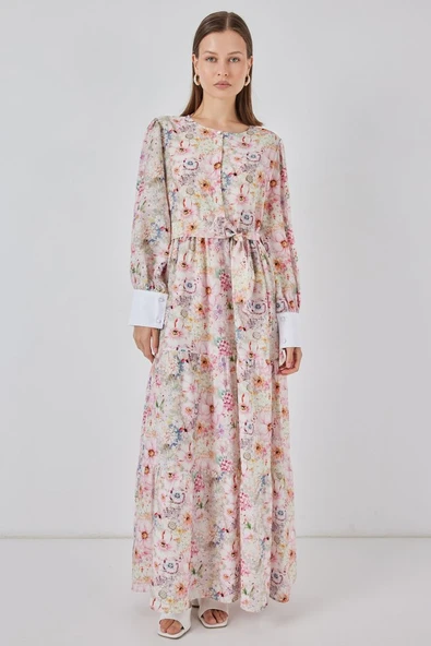 Kuşaklı Uzun Elbise 2584 - Pembe ürün görseli 1