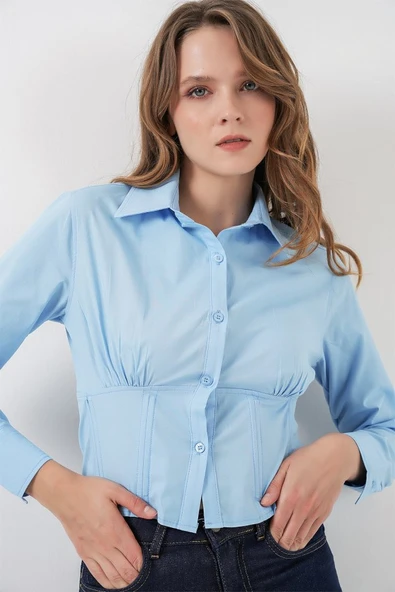 20231 Slim Fit Poplin Gömlek - Mavi - Resim 2