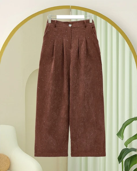 Cepli Bol Paça Pul Detaylı Kadife Pantolon  -Kiremit ürün görseli 1