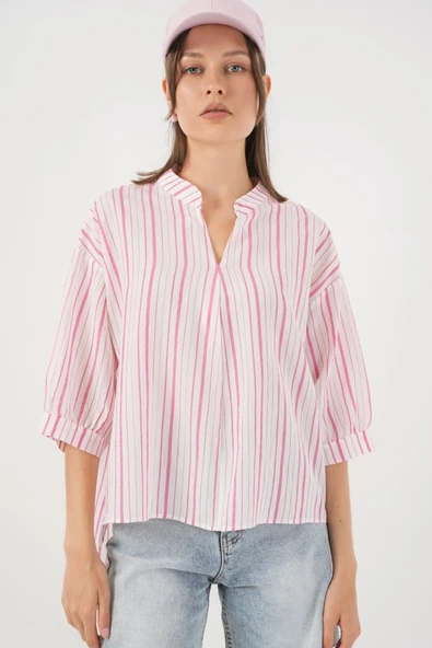 Çizgili Oversize Bluz 967 - Pudra - Resim 3