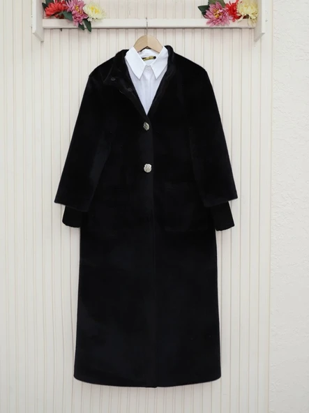 Kolu Ribanalı Çıtçıtlı Astarlı Kaban -Siyah ürün görseli 1