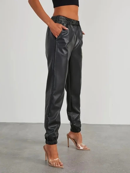 Kadın Yüksek Bel Lastikli önü Düğmeli Deri Pantolon - Resim 2