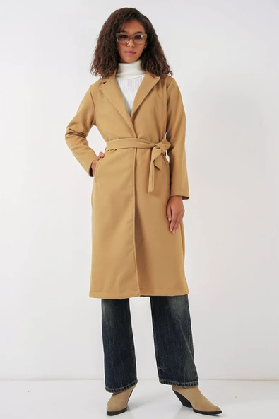 9118 Kruvaze Yaka Kaşe Kaban - Hardal - Resim 2