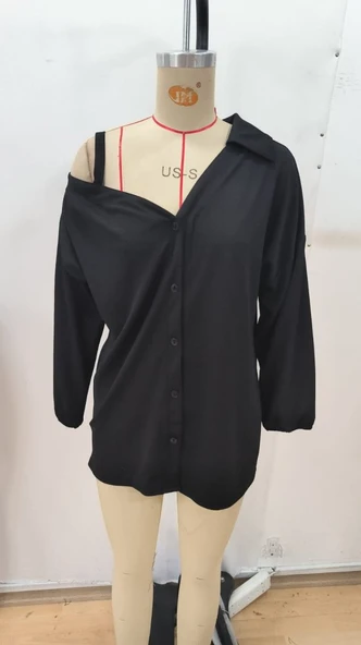 Kadın Tek Omuzdan Açık Askılı Uzun Kollu Yakalı önden Düğmeli Gömlek - Resim 6