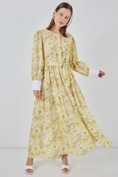 Kuşaklı Uzun Elbise 2584 - Sarı ürün görseli 1