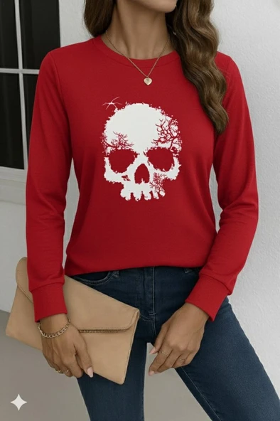 Kadın Uzun Kollu Bisiklet Yaka Kurukafa Desenli Viskon Bluz - Resim 3