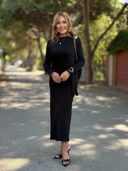 Kadın Uzun Kollu Bisiklet Yaka Yandan Bağlamalı Uzun Modal Elbise - Resim 3