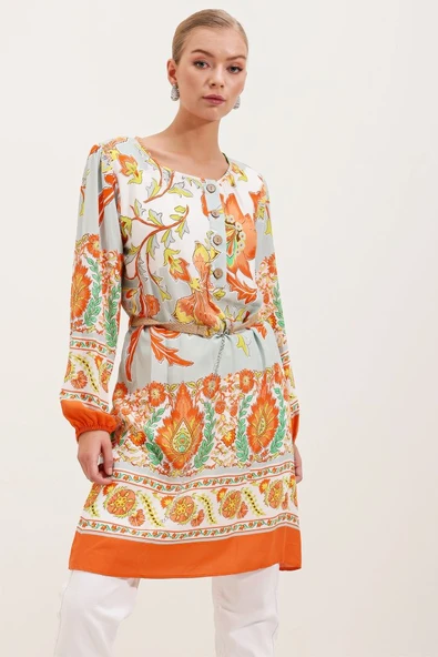 5902 Kemerli Desenli Elbise - Turuncu ürün görseli 1