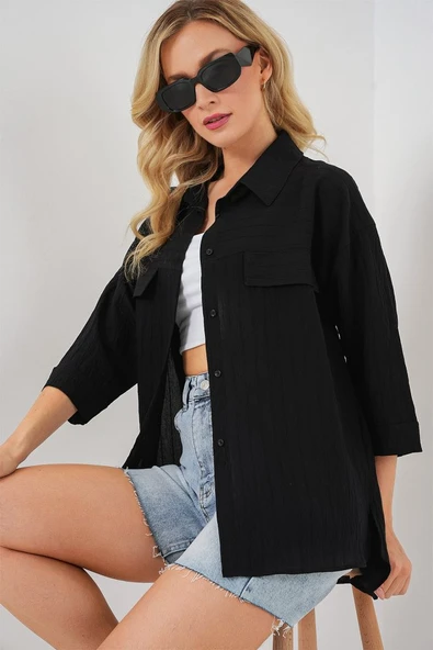 Cep Detaylı Kısa Kol Gömlek 20317 - Siyah - Resim 4