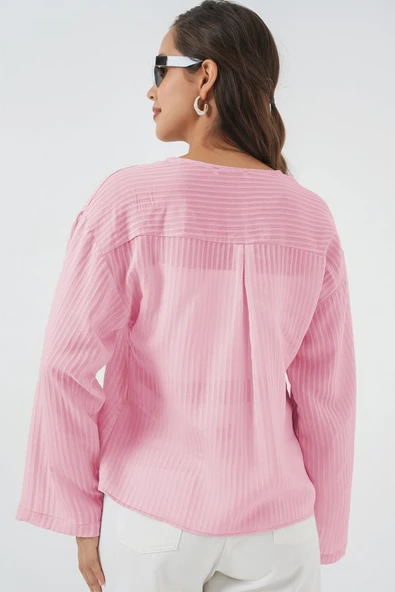 Önü Bağcıklı Bluz 952 - Pudra - Resim 3