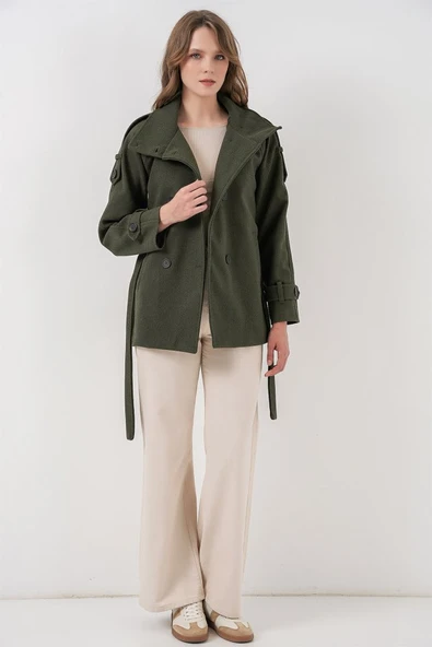 Kuşaklı Kaşe Kaban 9162 - Haki - Resim 2