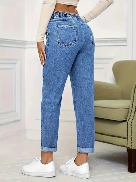 Kadın Yüksek Bel Bağcıklı Kot Pantolon - Resim 5