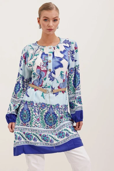 5902 Kemerli Desenli Elbise - Saks ürün görseli 1