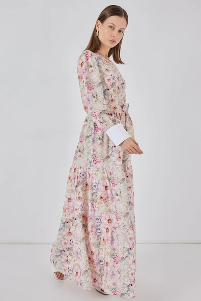 Kuşaklı Uzun Elbise 2584 - Pembe - Resim 4