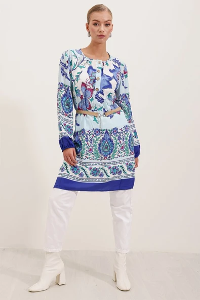 5902 Kemerli Desenli Elbise - Saks - Resim 4