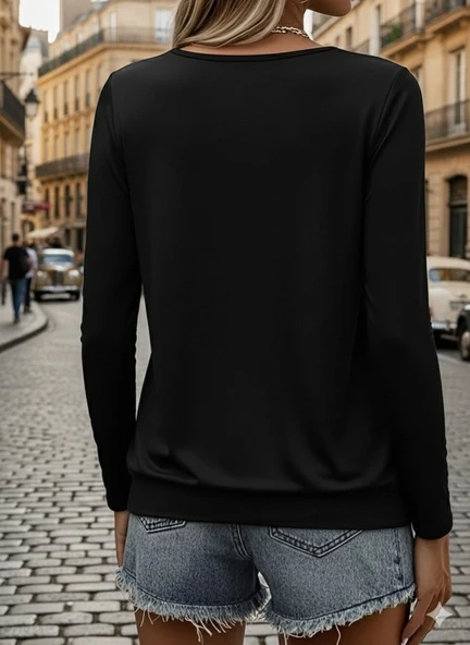 Kadın Uzun Kollu Yuvarlak Yakalı Viskon Bluz - Resim 3